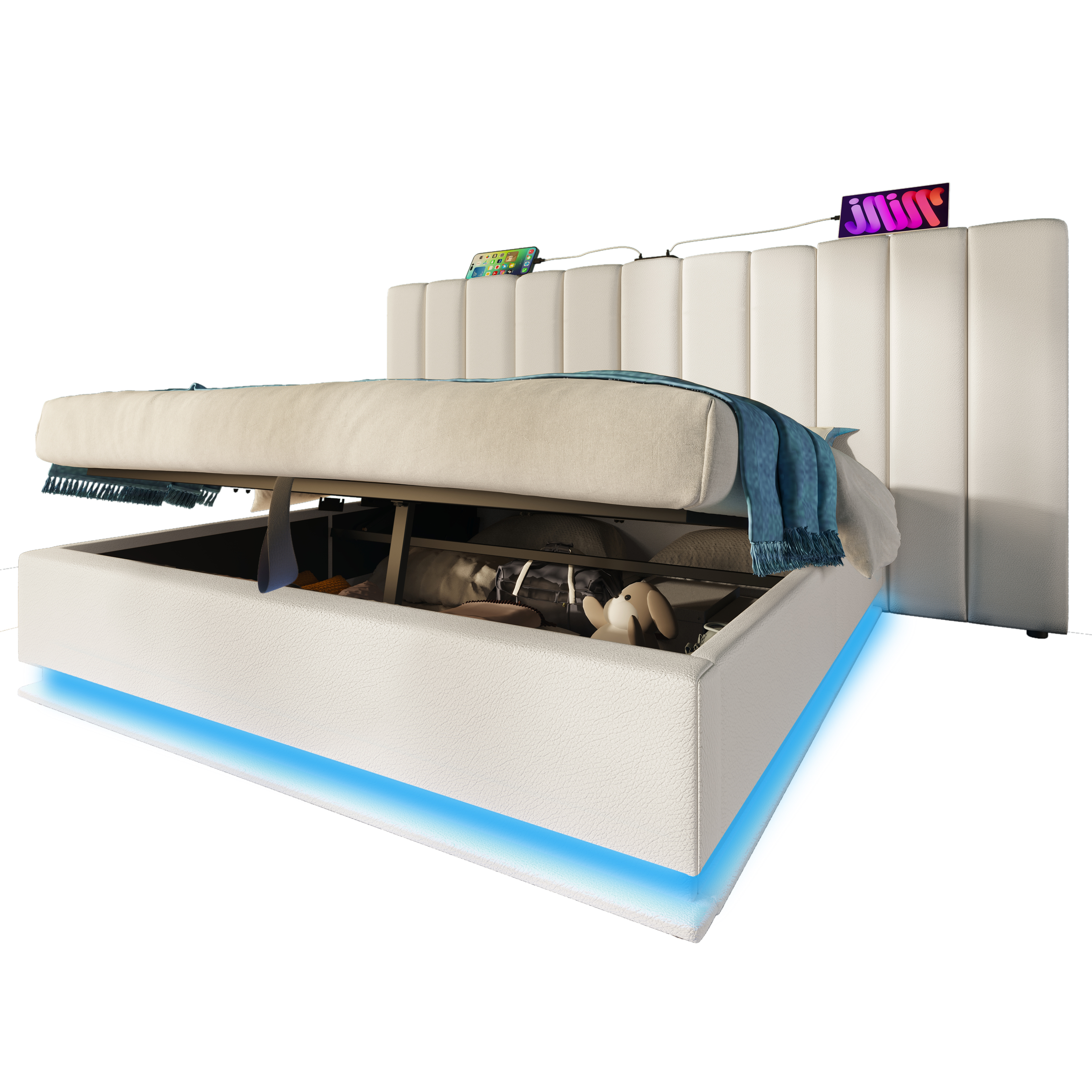 seng 180x200 cm hvid PU med opbevaring LED-belysning og USB-C ladefunktion