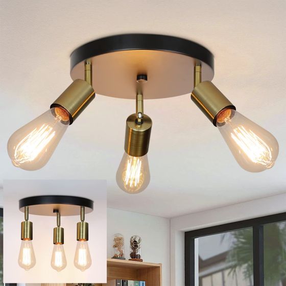 NETTLIFE - loftslampe, 3 loftspotlights, maks. 25W, E27 Vintage - flamme, rund, moderne drejelig lysekrone, soveværelse, spisestue