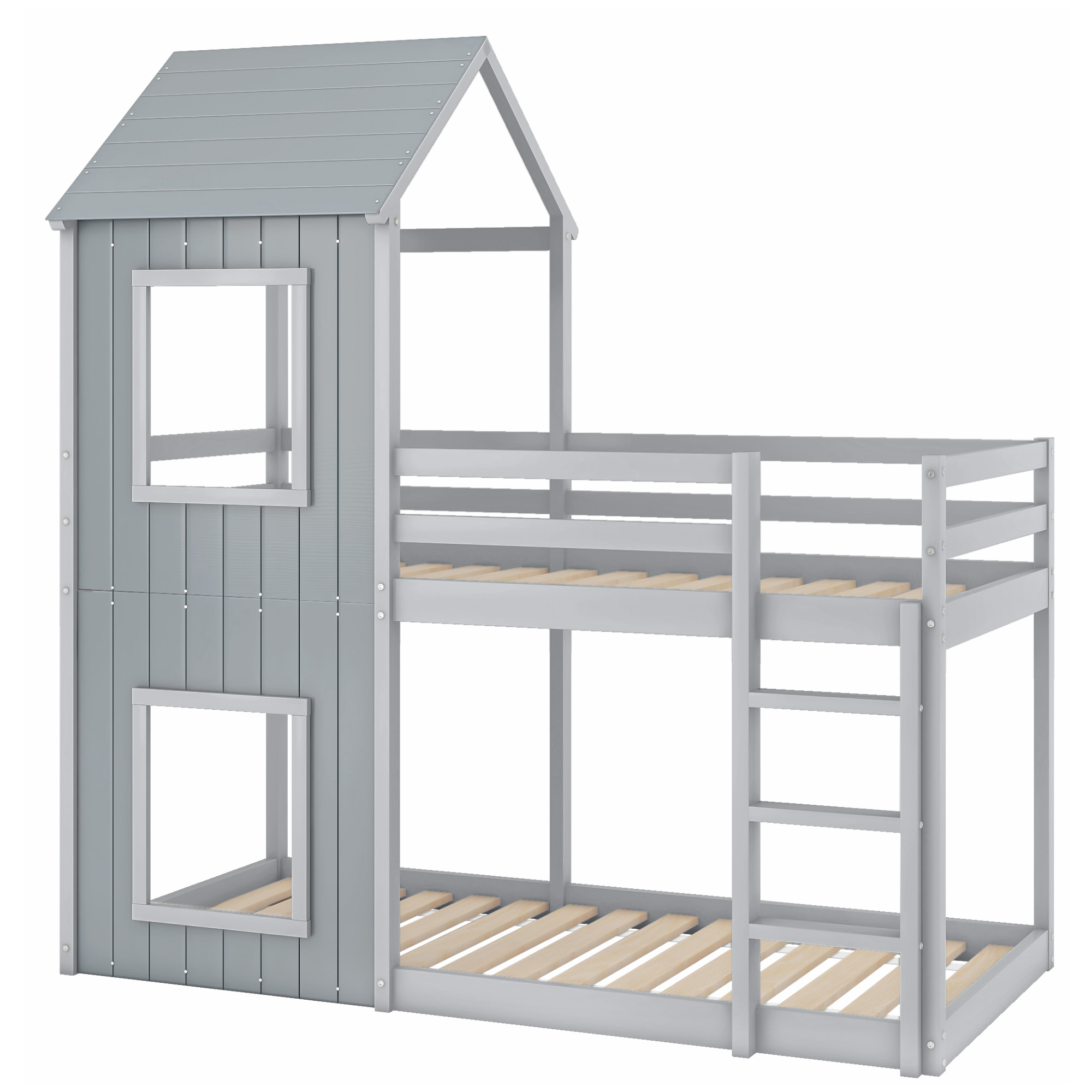 Køjeseng 90x200 cm Børneseng, Kahytsseng Med Stige Og Himmel, Gulv-Til-Loft Massivt Træ, Grå