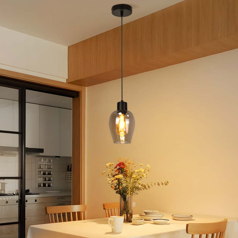 NETTLIFE Sort spisebordspendellampe - Enkelt flamme E27 pendellampe lavet af røget vintageglas