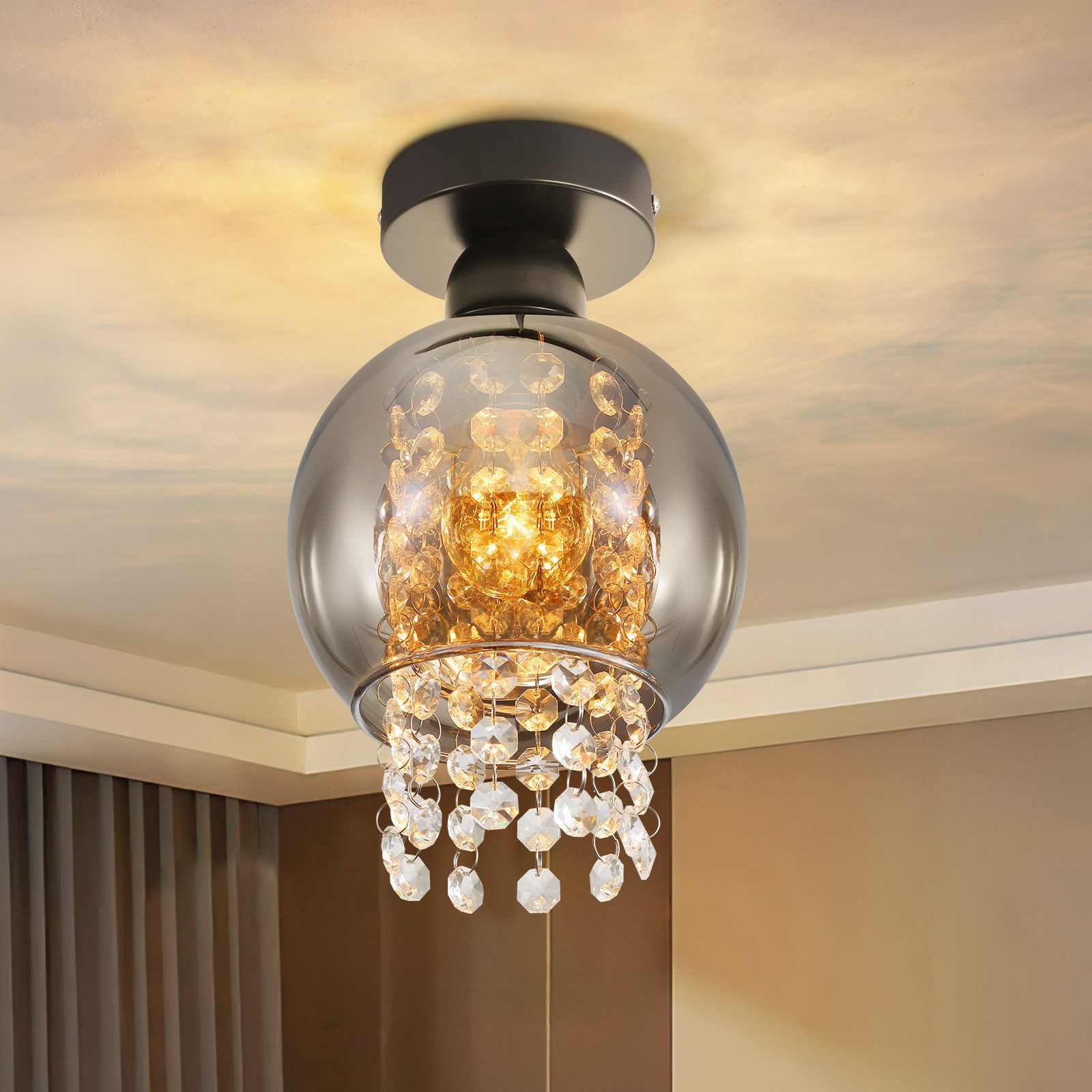 NETTLIFE - loftlampe til soveværelse, E27, røggrå, krystalglas, moderne spiseplads