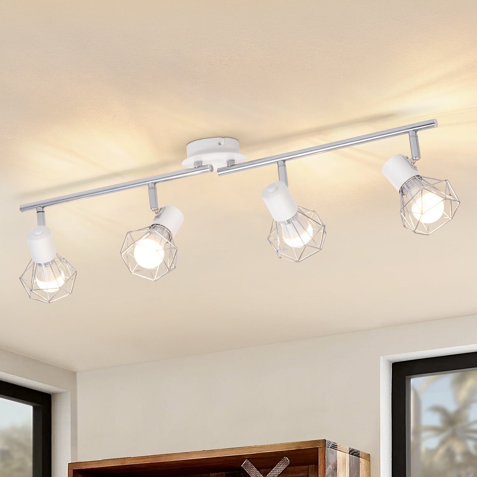 NETTLIFE 4 industrielle retro loftspotlights i vintage-stil, E14, 350° drejelig, hvid metal, klar, til indendørs/køkken
