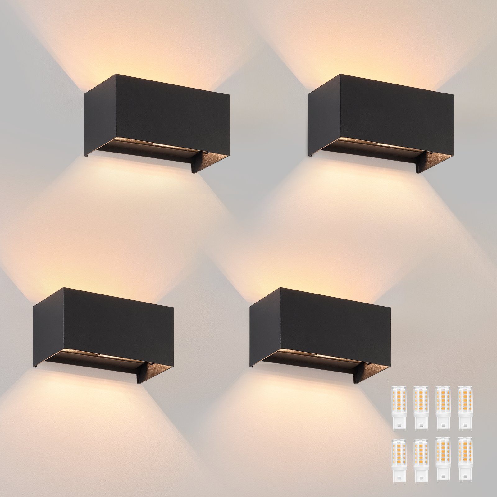 NETTLIFE 4 sorte LED udendørs væglamper, op/ned belysning, IP65, varmt hvidt lys G9