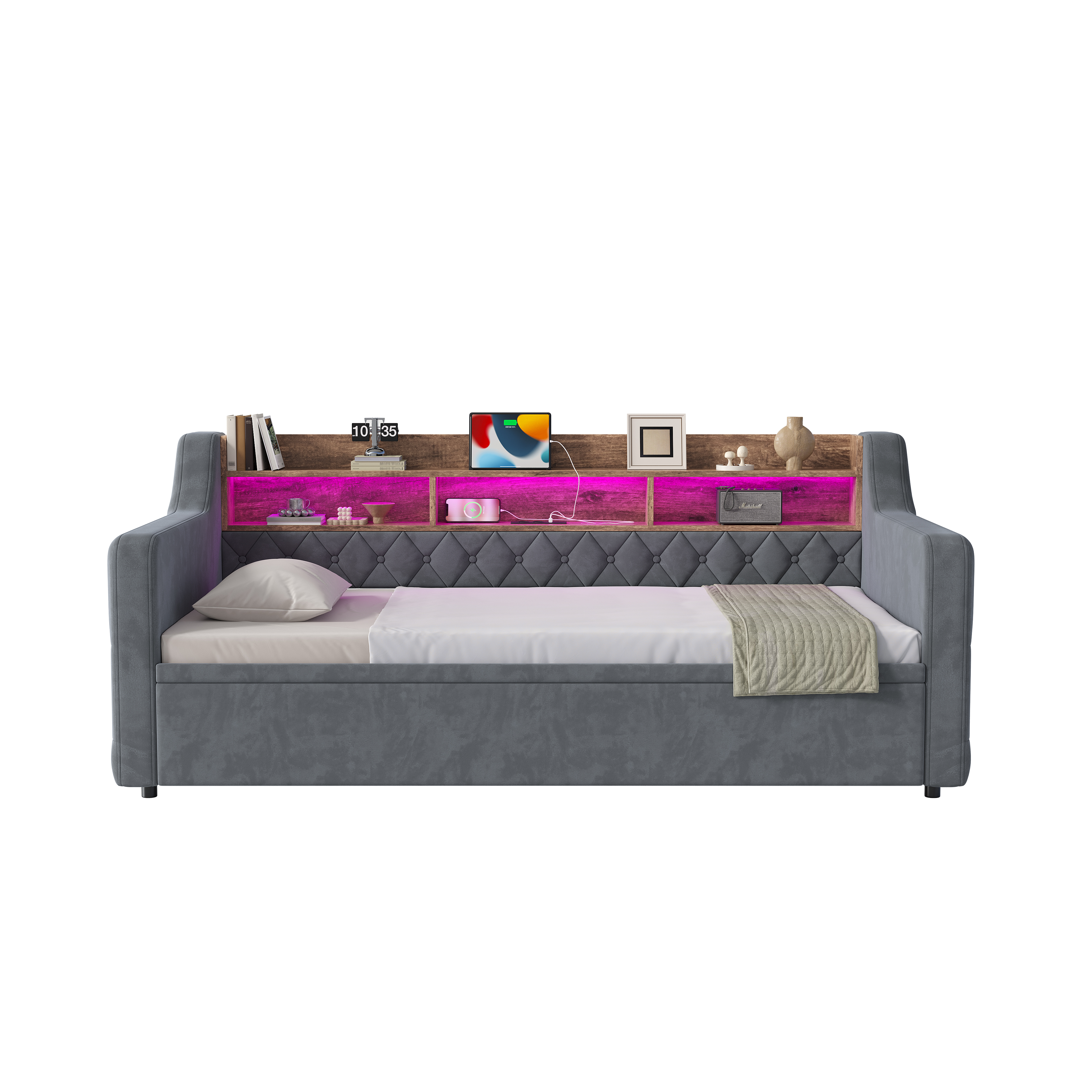 seng 90x190 cm mørkgrå fløjl med udtrækkeligt design, træskabe, LED-belysning, USB og type-c stik, sengegalge