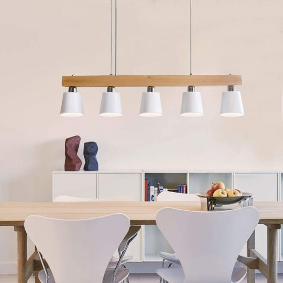NETTLIFE pendellampe, 5 pærer, E27, hvid, moderne spisebordslampe i metal og træ, diameter 102 cm, til køkken, stue, entré