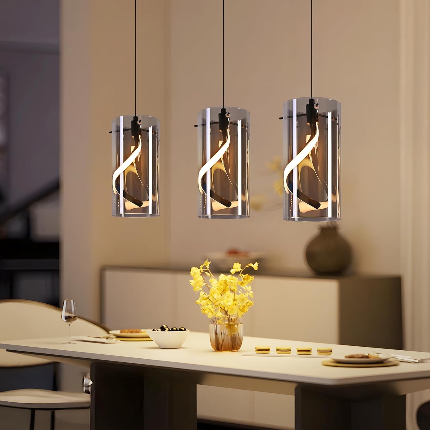 NETTLIFE LED pendellampe røggrå vintage 8W varm 3000K glaspendellampe 3 lyskilder