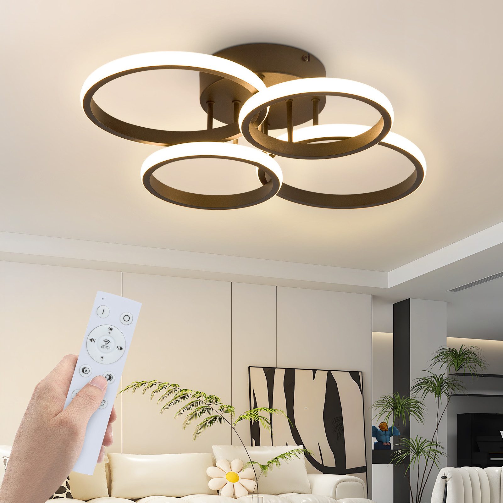 NETTLIFE LED loftlampe, 4 ringe, dæmpbar sort, 48W, LED loftlampe, stuelampe
