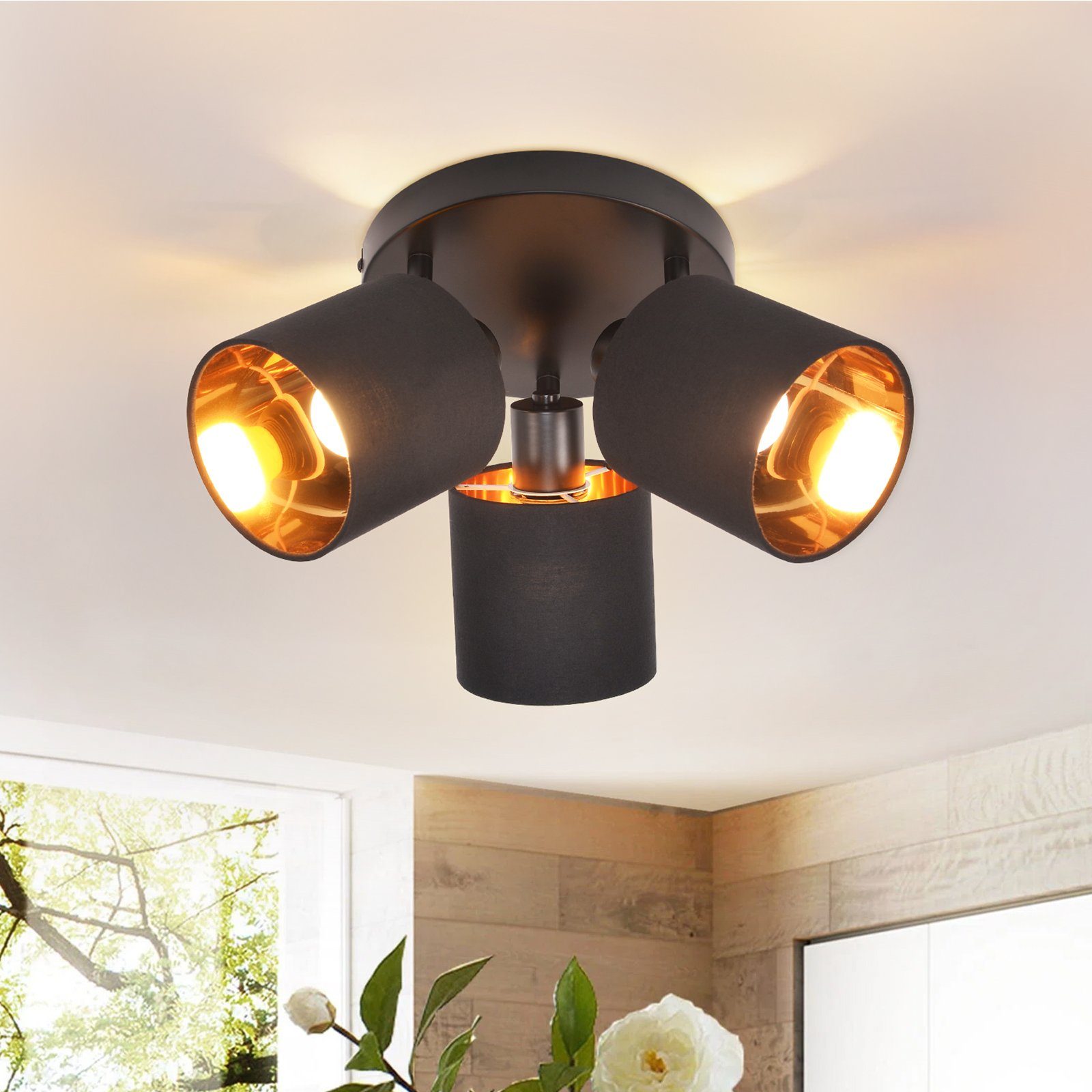 NETTLIFE 3 vintage sorte loftspotlights E14 350° drejelige MAX. 25W med stofnet til stue uden pære