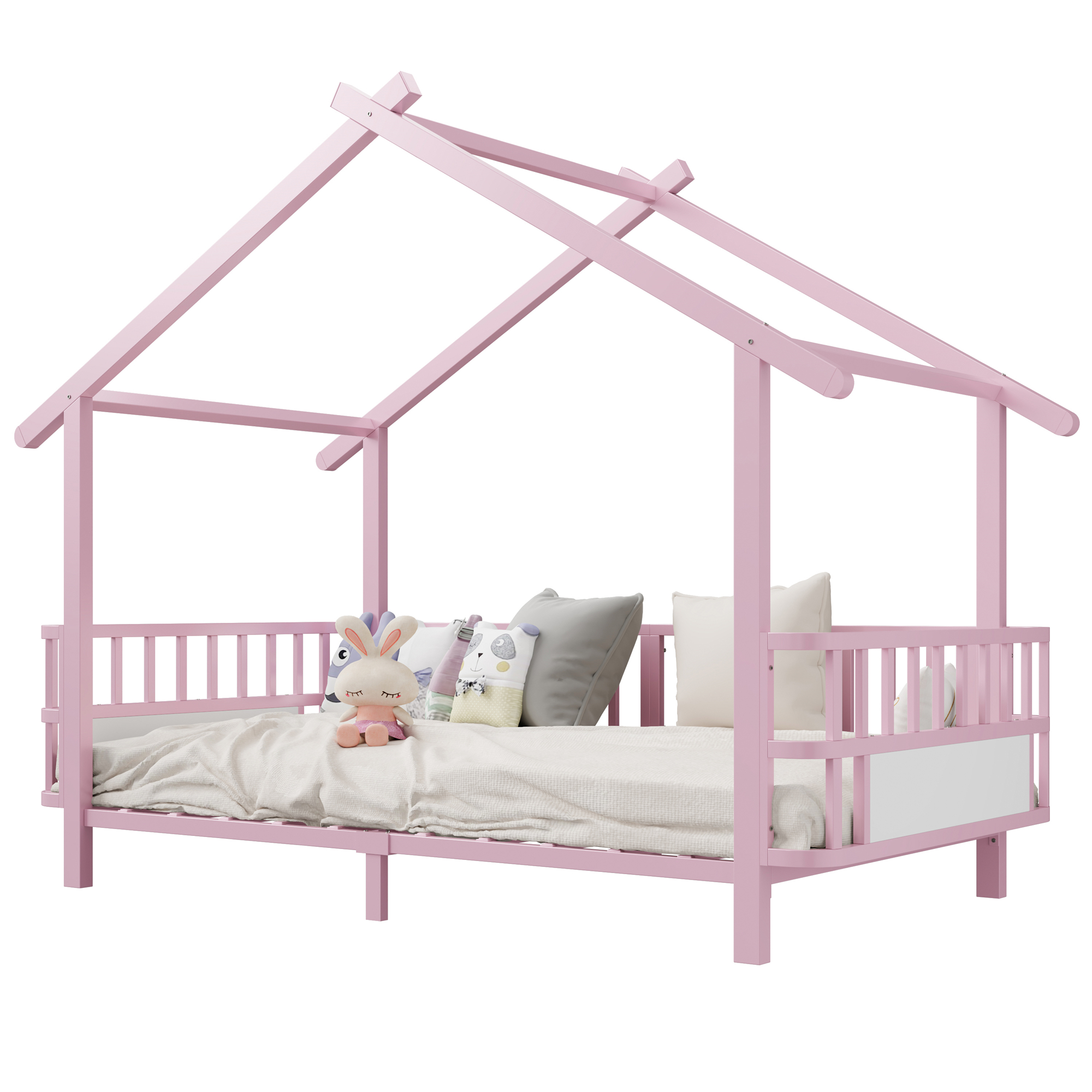 barneseng 90x200 cm rosa metal med sikkerhedsskinner og dachdesign