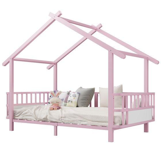 barneseng 90x200 cm rosa metal med sikkerhedsskinner og dachdesign