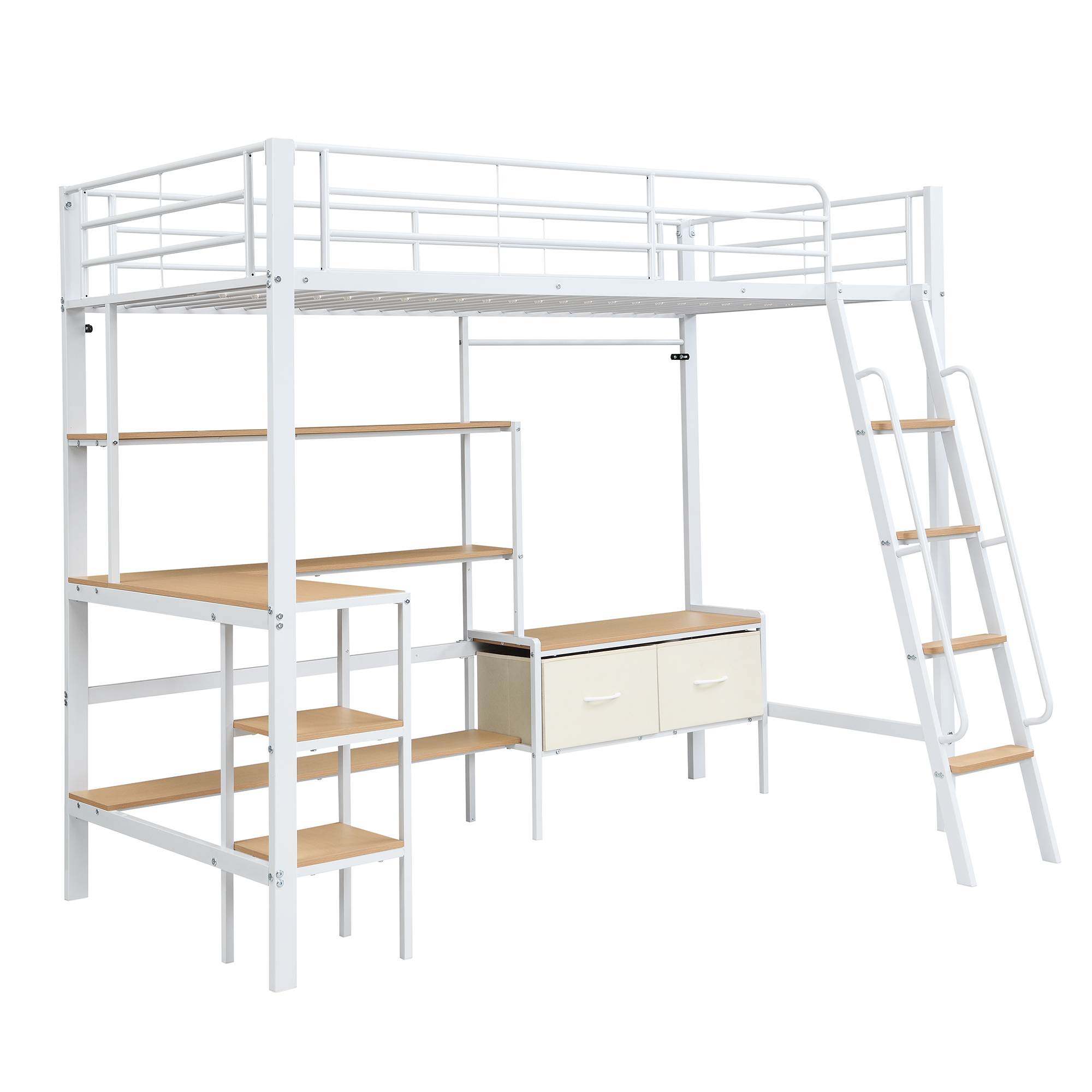 højseng 90x200 cm hvid og naturlig træ metal med skrivebord opbevaringsregal og stofboxe