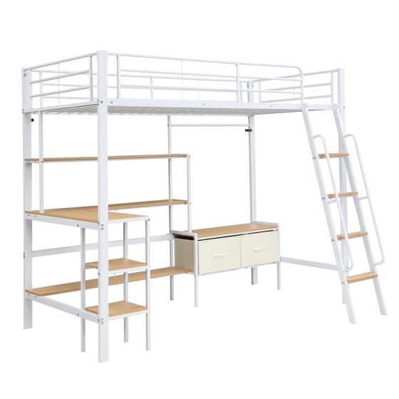 højseng 90x200 cm hvid og naturlig træ metal med skrivebord opbevaringsregal og stofboxe