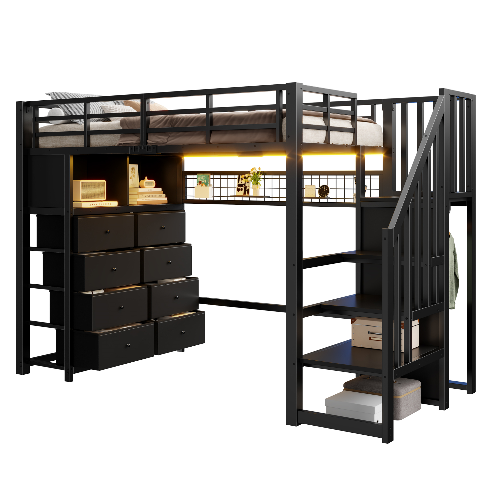 Hemseseng 90x200 cm med 8 skuffer og opbevaringstrappe, sort
