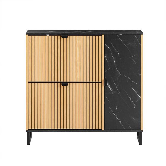 SoBuy pladsbesparende, slankt skoskab med 2 foldedøre - indgangsskab til 8 par sko, indgangsskoskab - moderne design i sort marmor og lyst træ, vippefastgørelse - FSR203-N