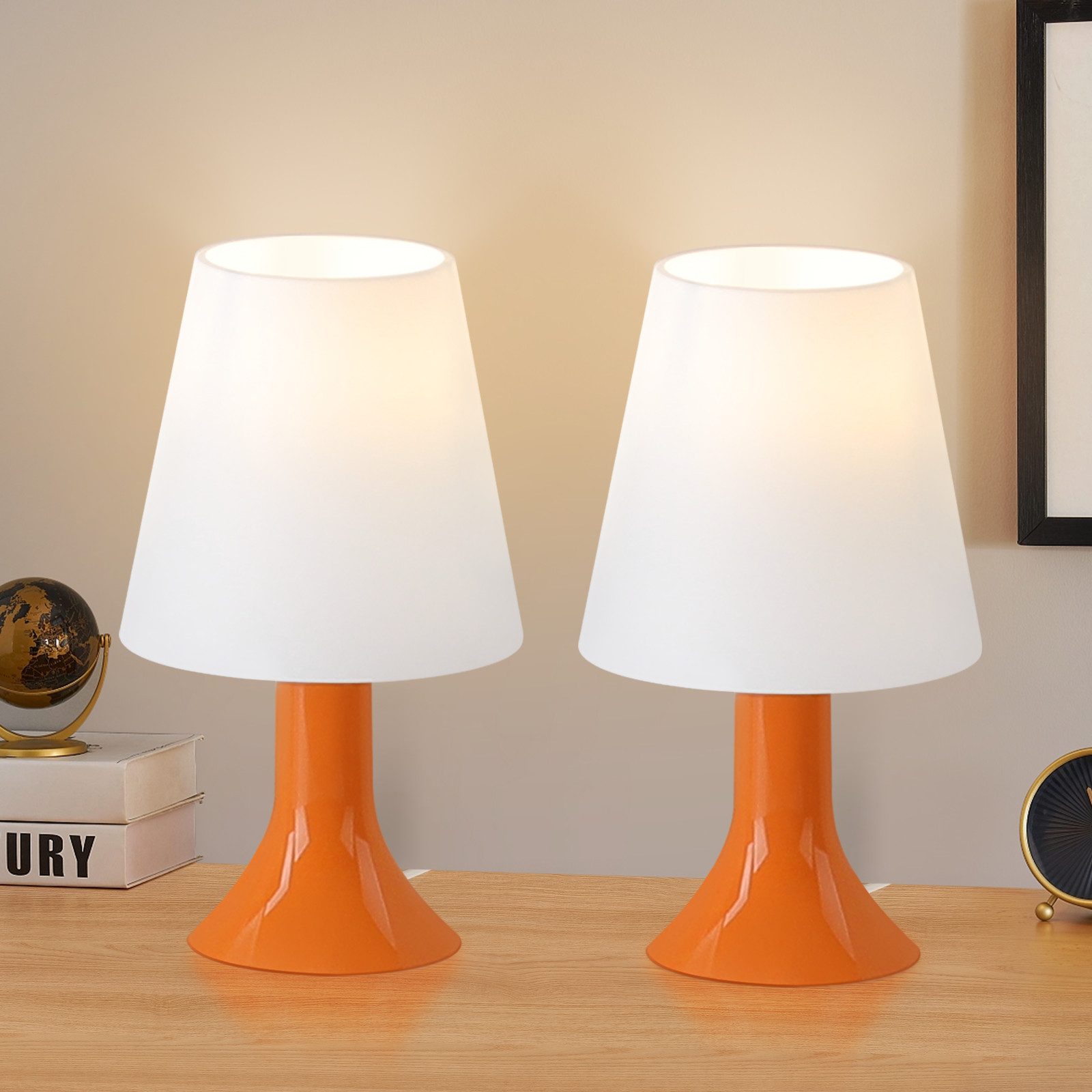 NETTLIFE Natbordslampe, stue, bordlampe, med ledning - bordlampesæt, 2 små, pærer, E14 moderne, orange