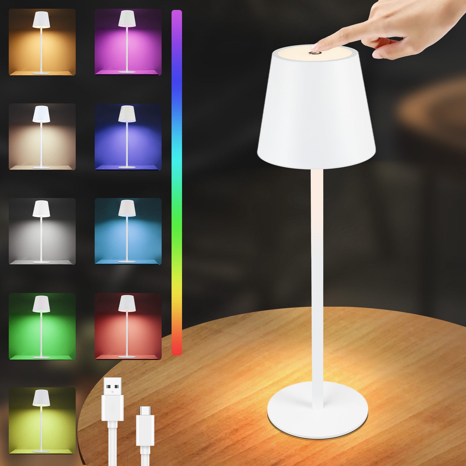 NETTLIFE trådløs bordlampe, genopladelig LED-lampe med RGB-farver, touch-dæmpning, hvid, USB-batteri 2600 mAh
