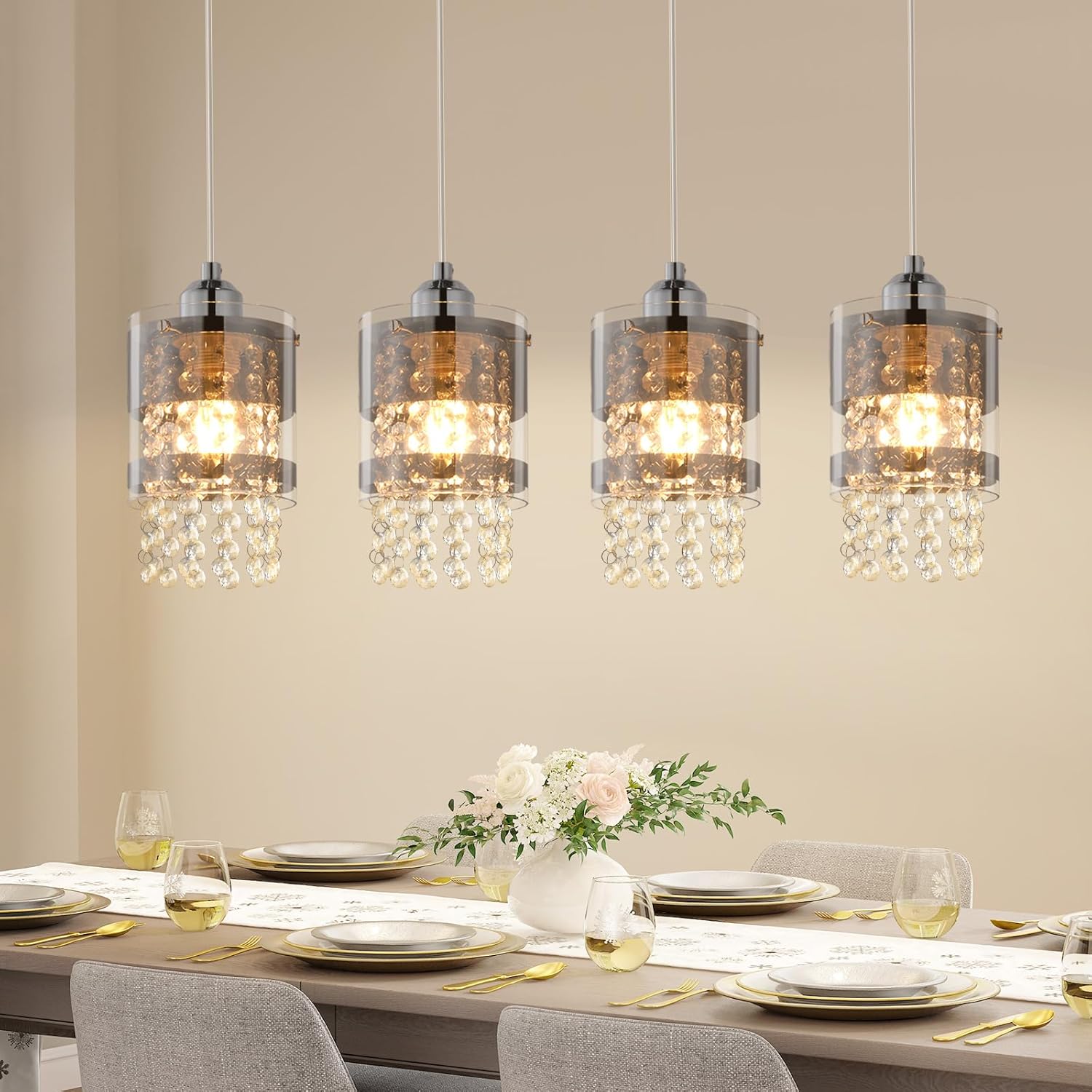 NETTLIFE moderne spisebordspendellampe, glas, 4 flammer, 150 cm, højdejusterbar, krystal, E27