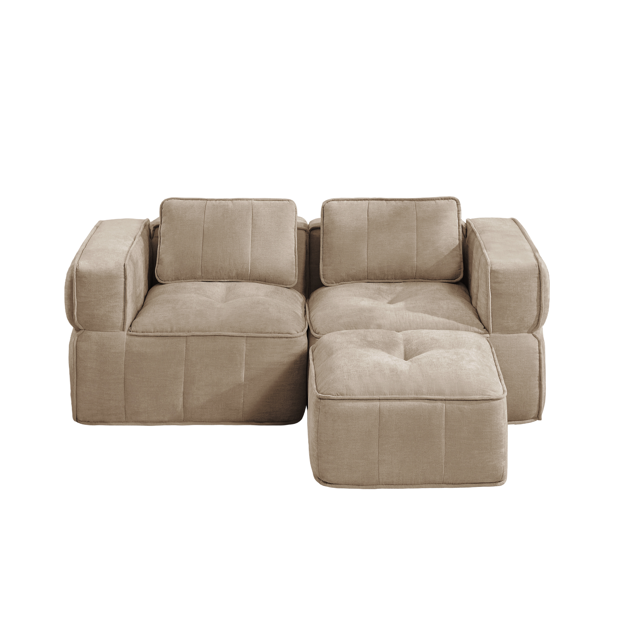 2-personers sofa med skammel, minimalistisk, polyester-sandfarvet