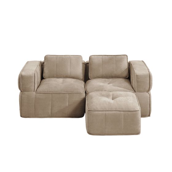 2-personers sofa med skammel, minimalistisk, polyester-sandfarvet