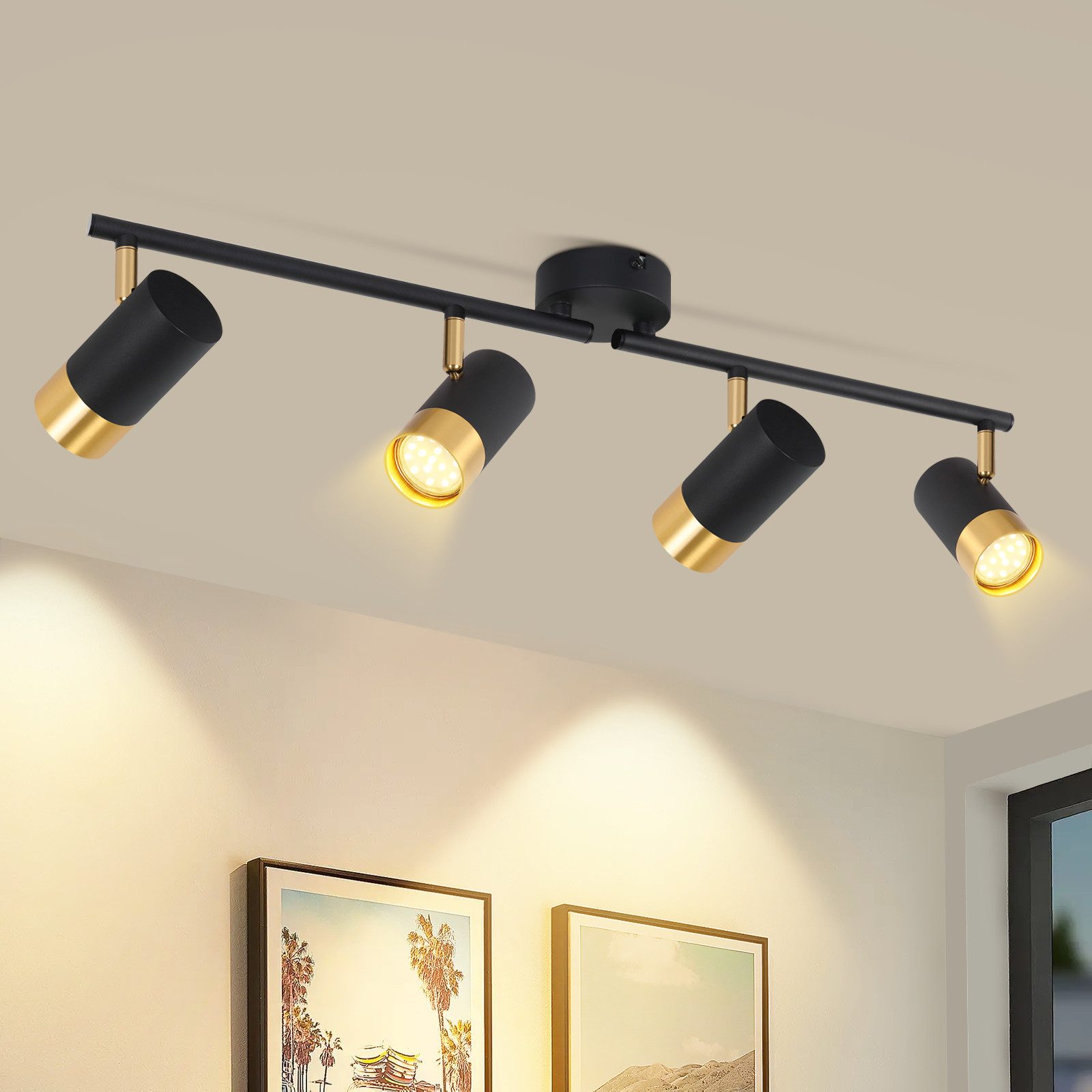 NETTLIFE GU10 loftspotlight til entré, sort/guld, 350° drejelig, vintage-stil