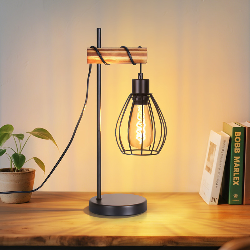 NETTLIFE Bordlampe til stuen vintage bordlampe træ: sort natlampe 1 lys industrielt design metal E27-fatning uden pære