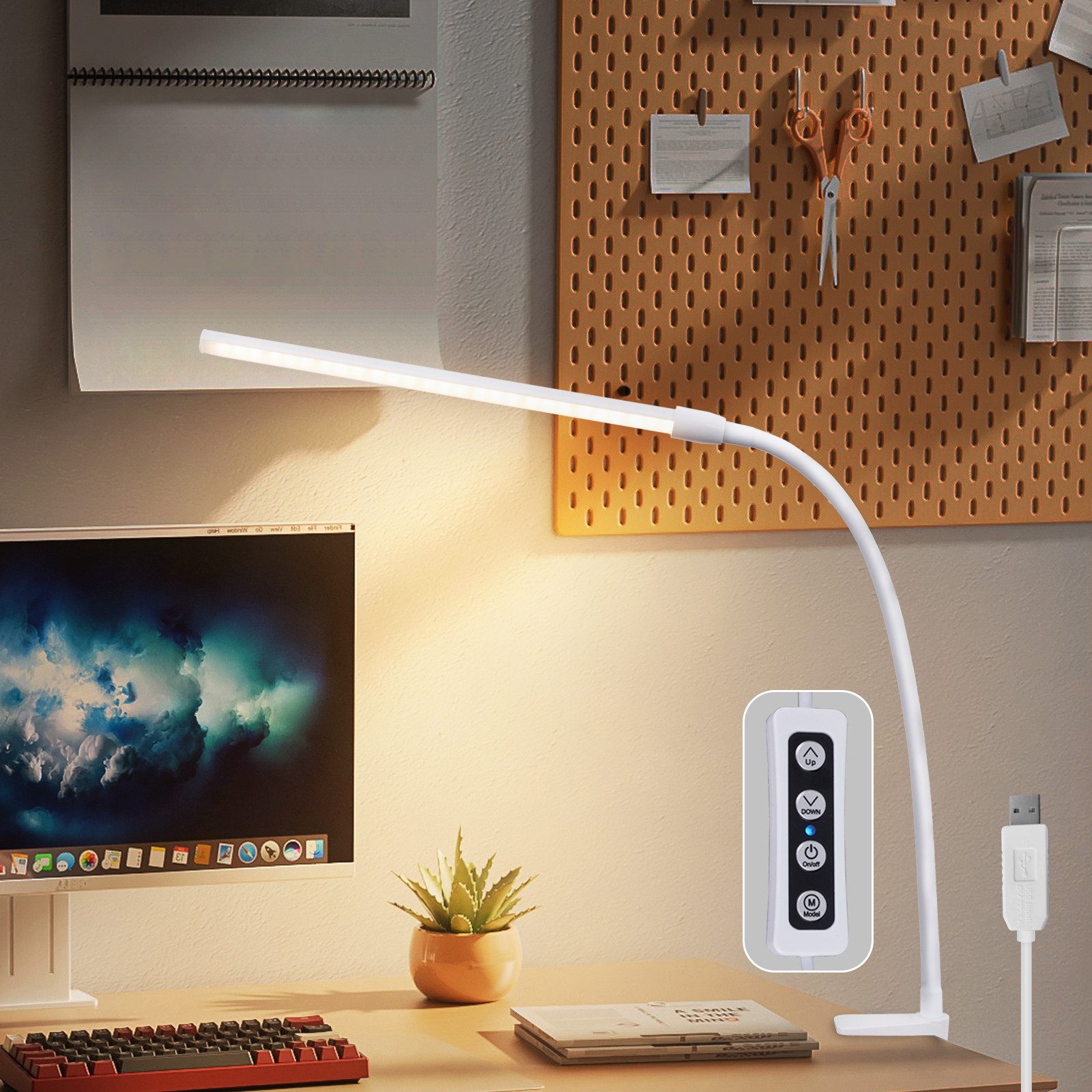 NETTLIFE LED-bordlampe, dagslys, hvid, klipsbar, 3 farvetemperaturer, 5 lysstyrkeniveauer, USB, fleksibel, 5 W