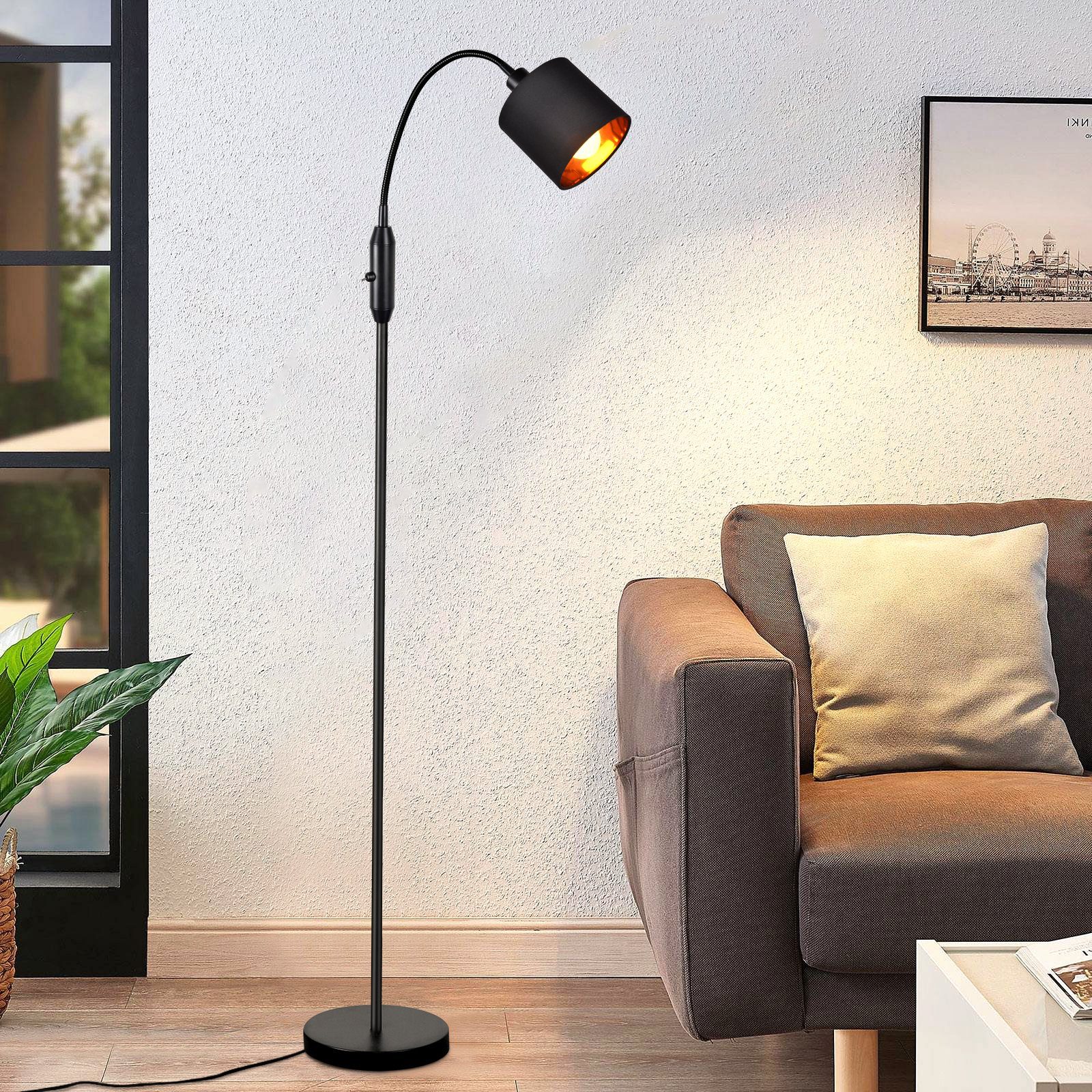 NETTLIFE Vintage sort gulvlampe til stue, moderne stofgulvlampe med 360° roterende lysbue, E14 vippeafbryder, uden pære.