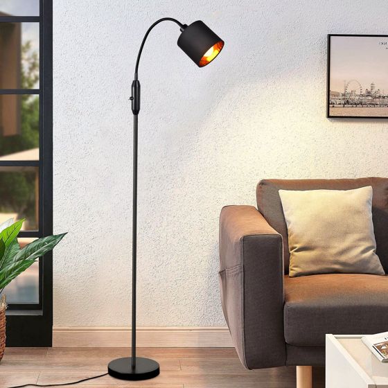 NETTLIFE Vintage sort gulvlampe til stue, moderne stofgulvlampe med 360° roterende lysbue, E14 vippeafbryder, uden pære.