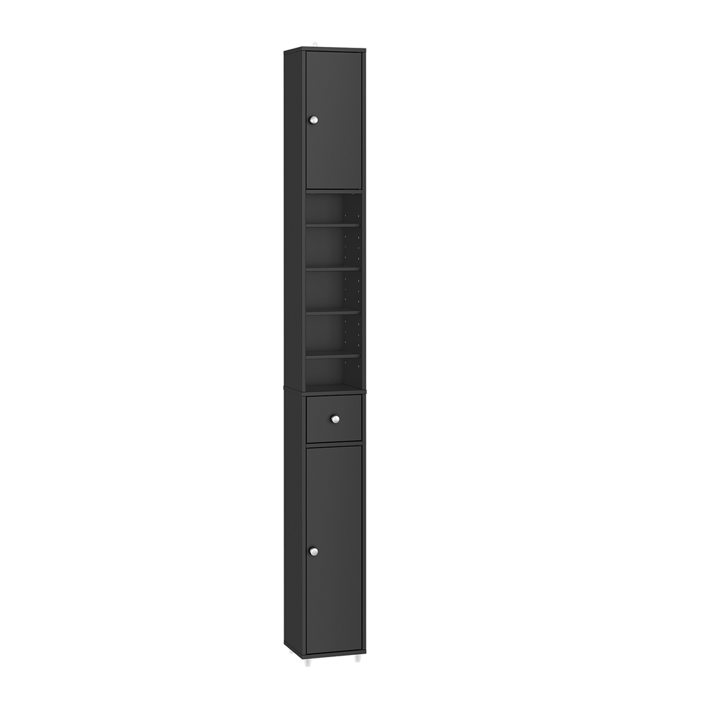 SoBuy BZR34-II-SCH Smal badeværelsessøjle - Vandtæt, højt badeværelsesskab med justerbare hylder og skuffe - pladsbesparende skab, MDF, sort, 20x180x20cm