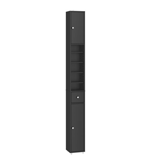 SoBuy BZR34-II-SCH Smal badeværelsessøjle - Vandtæt, højt badeværelsesskab med justerbare hylder og skuffe - pladsbesparende skab, MDF, sort, 20x180x20cm