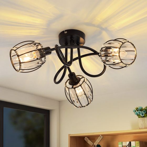 NETTLIFE 3-lyskilders sort krystal loftspotlight i vintage-stil, E14 til entré, 350° drejelig, til industriel brug