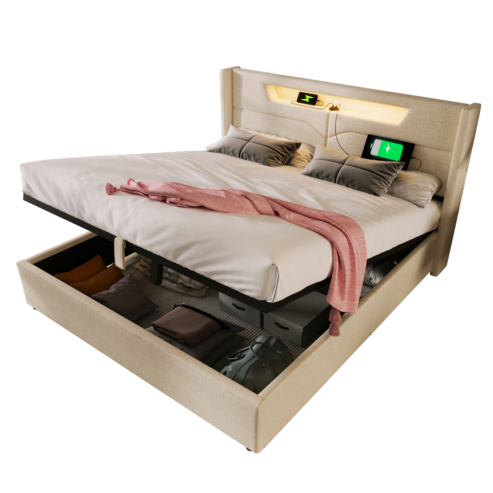 seng 160x200 cm beige i liinen justerbar med led-belysning og usb type c ladefunktion