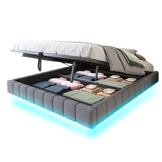 seng 180x200 cm, grå, polstret, med hydraulisk opbevaring og LED-belysning