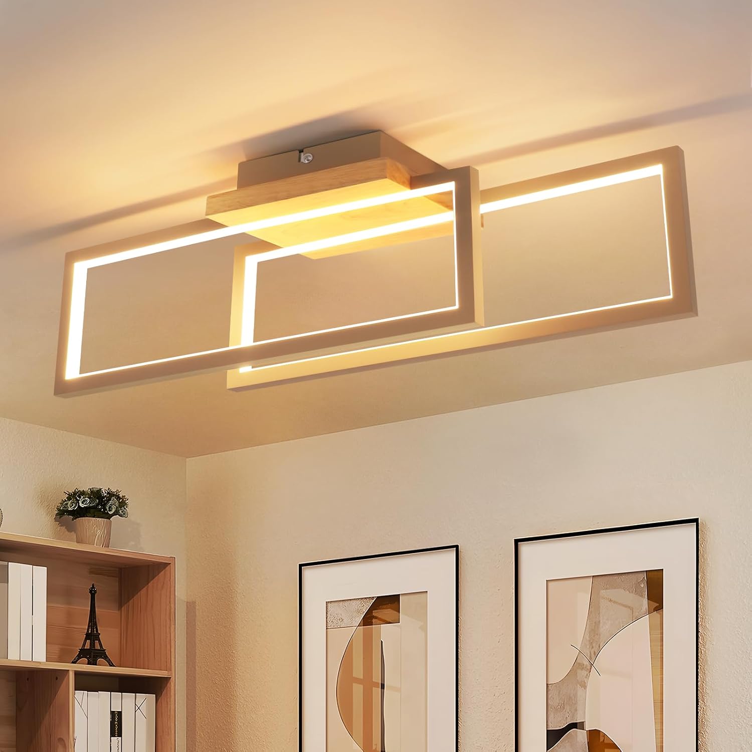 NETTLIFE LED loftlampe i træ 24W: Moderne rektangulær lampe til køkken, stue, entré. Varm hvid 3000K, 48 cm