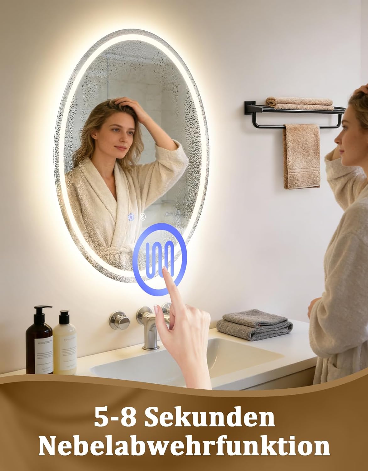 NETTLIFE Ovalt LED Badeværelsesspejl 50x70cm, Touch Control, Anti-dug, Dæmpbar 3000-6500K, IP44 Oplyst Spejl