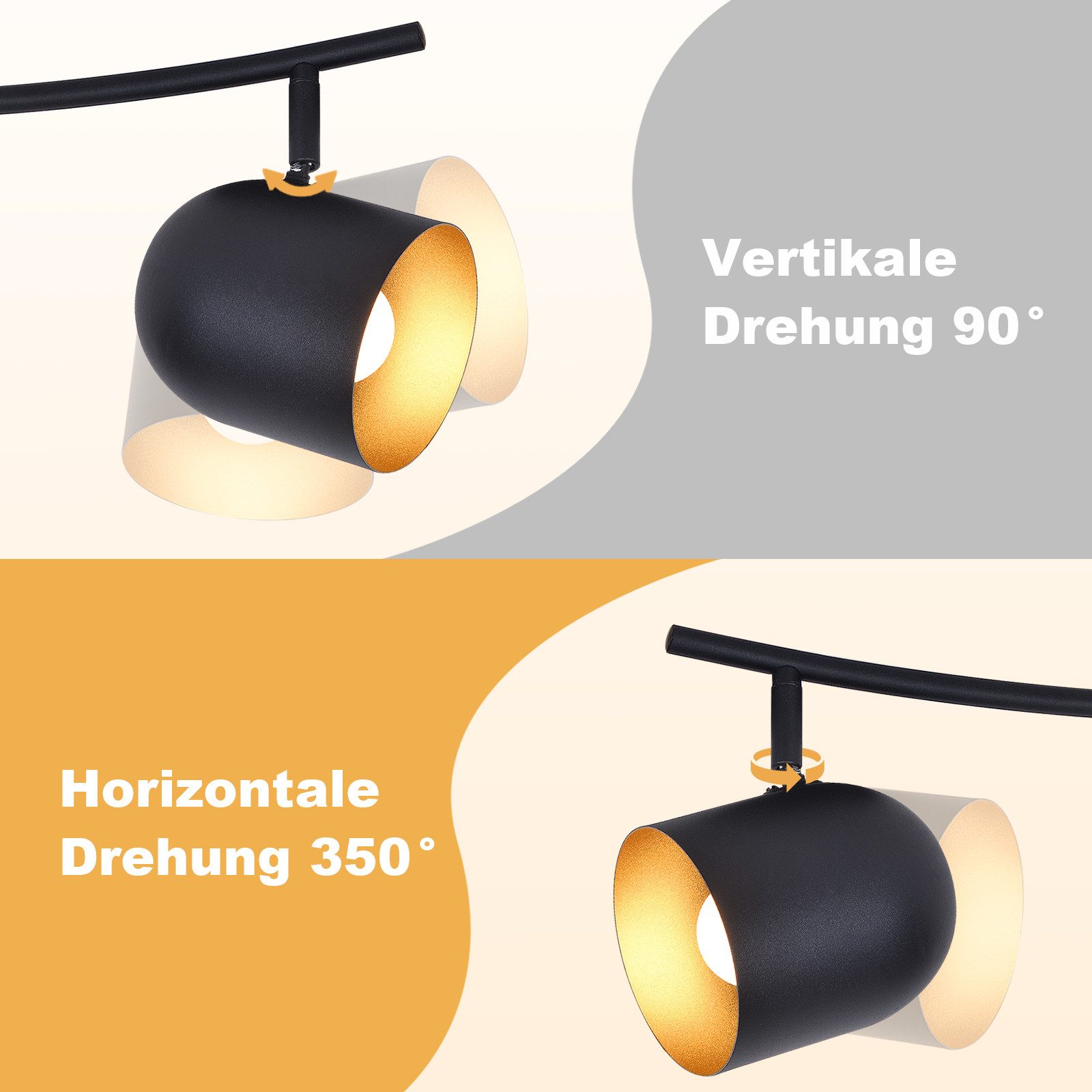 NETTLIFE Loftlampe E14 sortguld loftspotlight til entré industriel stil vintage stil justerbar uden pære 350° justerbar