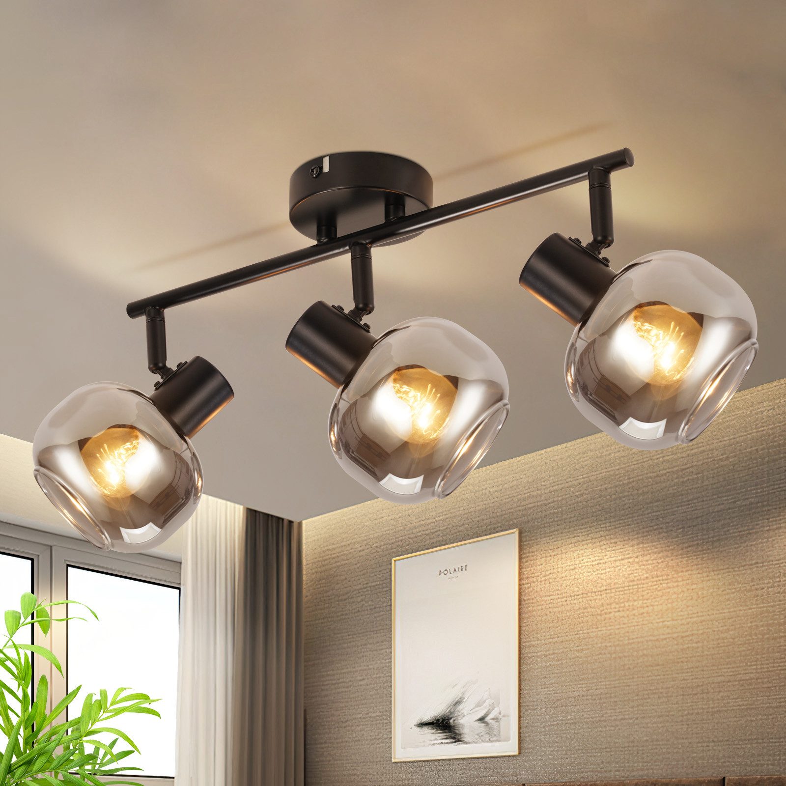 NETTLIFE loftspot sort 3 lamper moderne glasloftslampe 350° justerbar spot E14