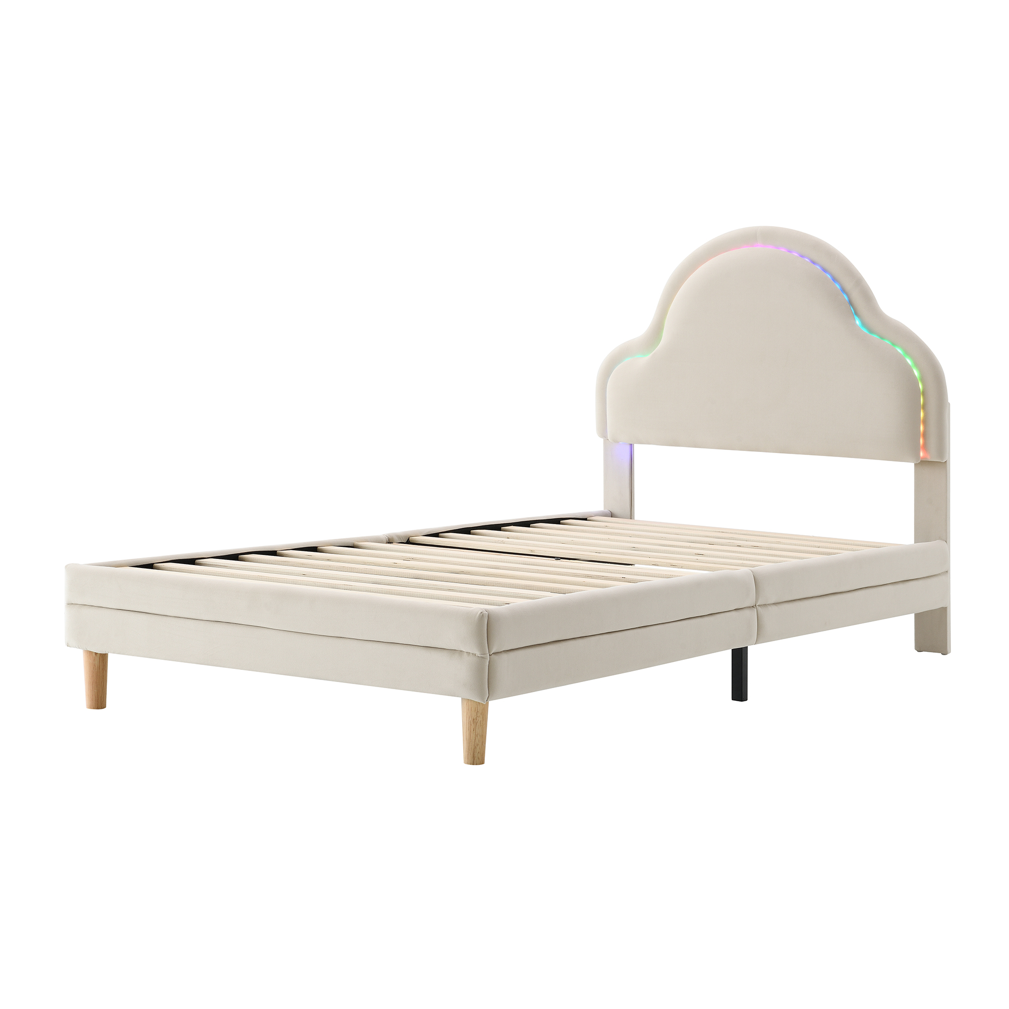 Børneseng 90x200 cm med trælameller, beige fløjl