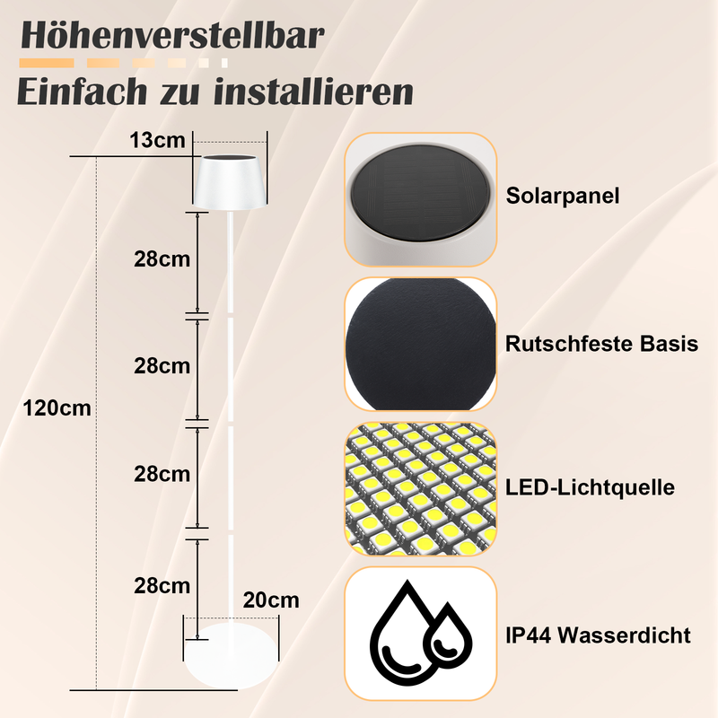 NETTLIFE 120 cm solcelledrevet LED-gulvlampe til udendørs brug, dæmpbar, USB-C genopladeligt batteri, hvid, justerbar højde