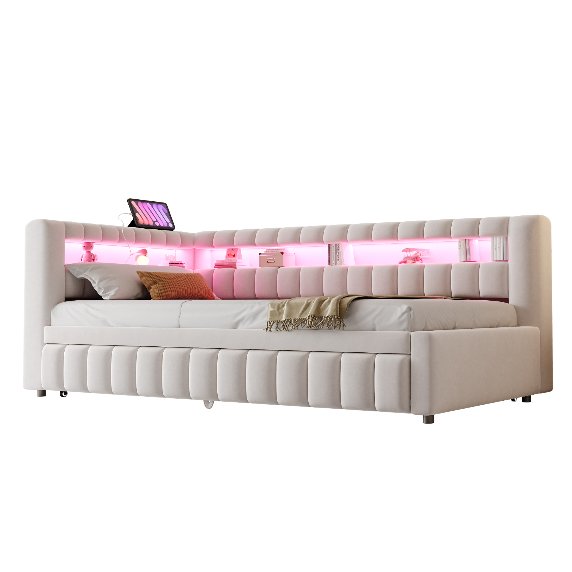 seng 90x200 cm beige upholstered metal mdf med led-belysning og usb-ladeanslutning