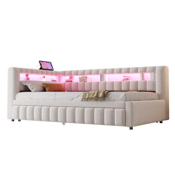 seng 90x200 cm beige upholstered metal mdf med led-belysning og usb-ladeanslutning