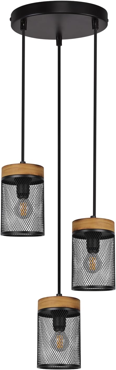 NETTLIFE E14 pendellampe til spisebord med 3 lyskilder, lysekrone i vintage-stil i træ og sort metal, retrostil (pærer medfølger ikke)