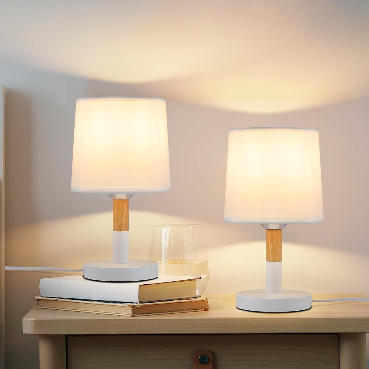NETTLIFE Natbordslampesæt, 2 dele, stue, bordlampe - træ, E27-fatning, natlampe, til soveværelse Hvid