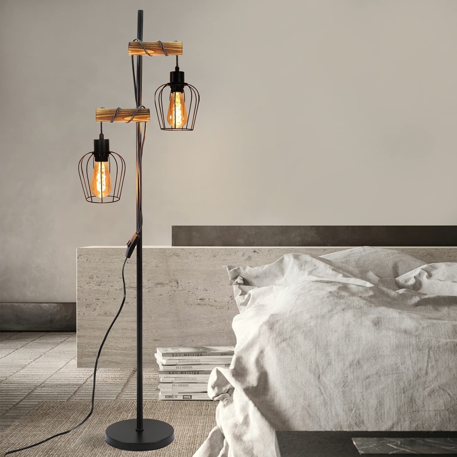 NETTLIFE Vintage - gulvlampe til stue, træ, 2 flammer, industrielt design, metal, sort afbryder, E27 - højde: 151 cm - uden pære