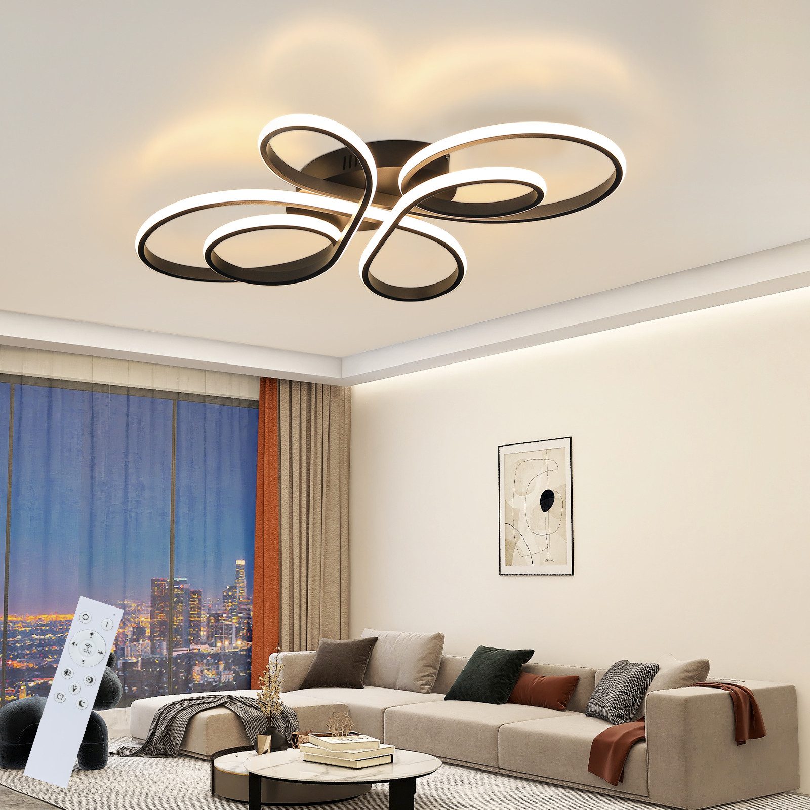 NETTLIFE moderne dæmpbar LED-loftlampe, sort, 66 cm, 65 W, med fjernbetjening, egnet til spisestue, kontor