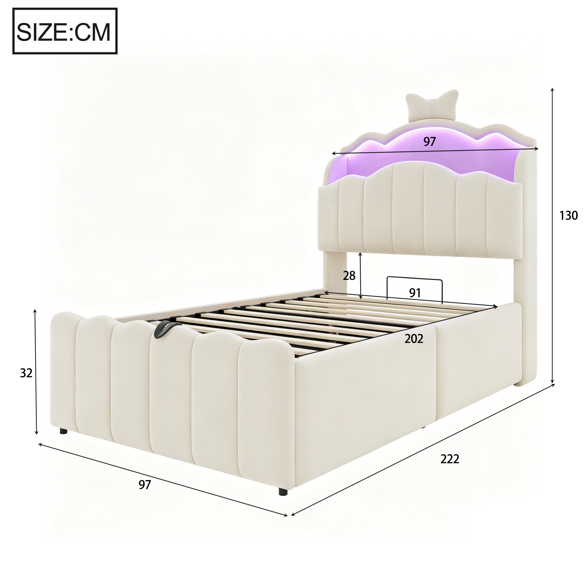 barneseng 90x200 cm beige stof og metal med hydraulisk opbevaring skuffe og farvevækslende led-belysning