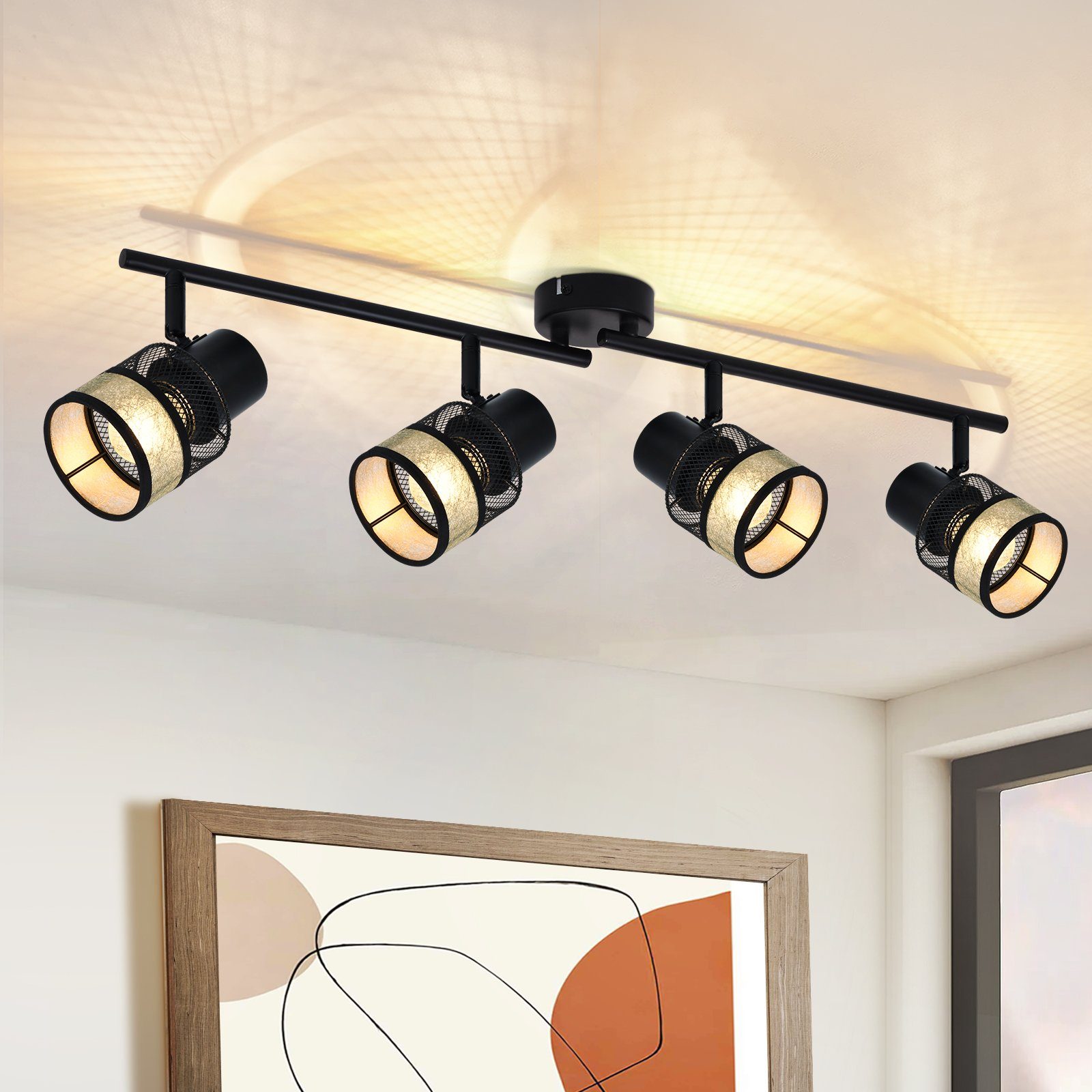 NETTLIFE - loftslampe, 4 metalspotlights, E27, maks. 25 W, vintage - sort, 330°, guldfarvet stofskærm