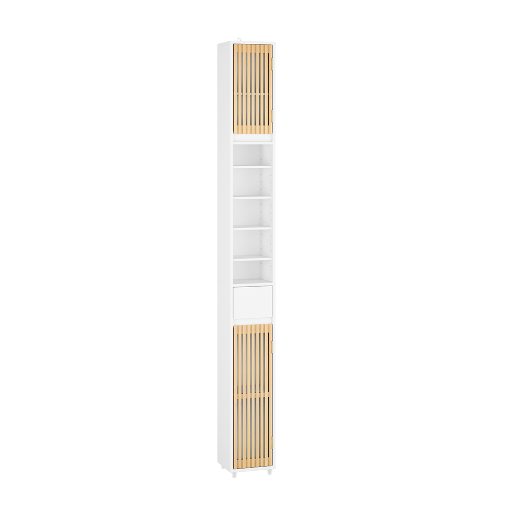 SoBuy BZR34-BW Pladsbesparende højt badeværelsesskab med 6 justerbare hylder, badeværelsesskab med bambusdøre, smalt skab til små rum, hvid, 20x20x180cm