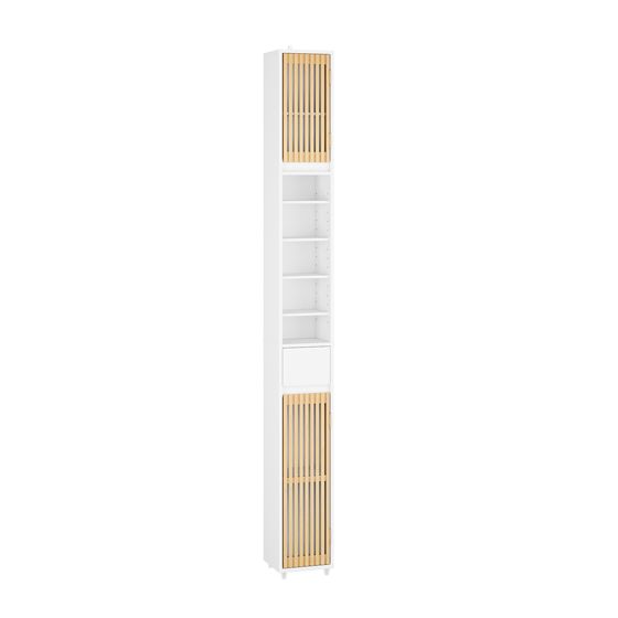 SoBuy BZR34-BW Pladsbesparende højt badeværelsesskab med 6 justerbare hylder, badeværelsesskab med bambusdøre, smalt skab til små rum, hvid, 20x20x180cm
