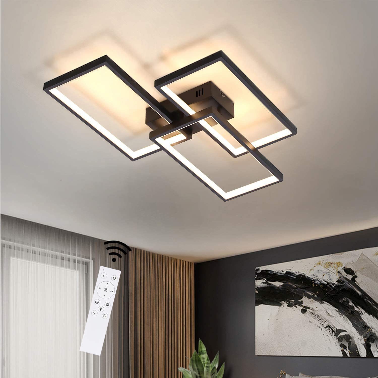 NETTLIFE 63 W, LED loftlampe, dæmpbar. Med fjernbetjening, moderne design, sort metal, til soveværelse, spisestue, stue.